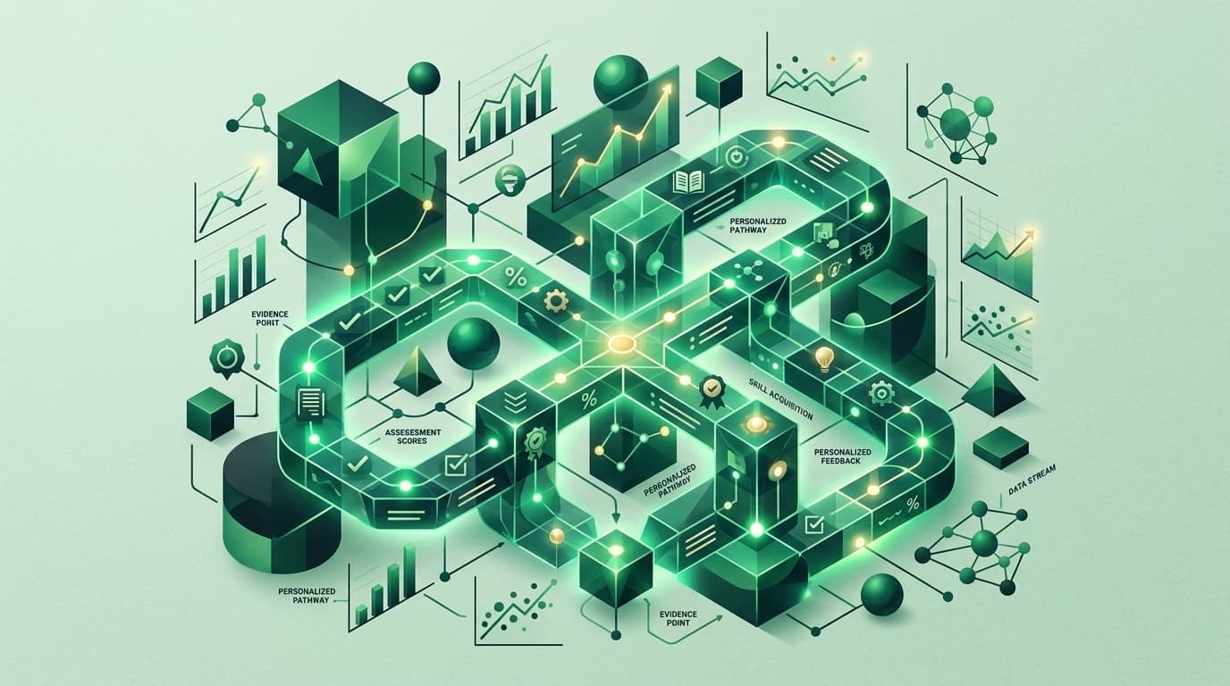 An abstract illustration on a deep emerald ground: layered translucent planes carrying charts and rising curves, arranged around a bright central form, suggesting evidence assembled into a single structure.