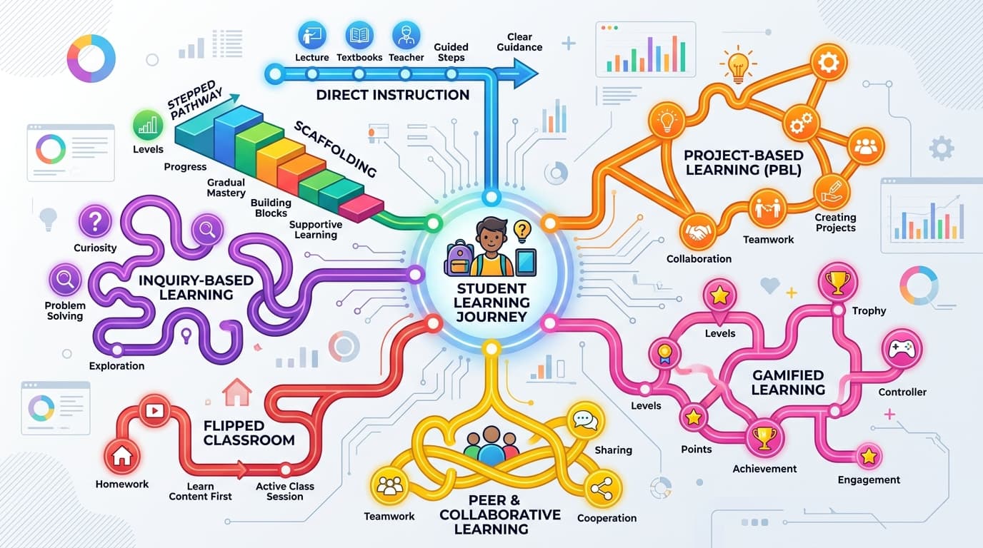 An abstract illustration of several distinct teaching paths branching from a single origin, each rendered in a different weight and colour, suggesting one framework selecting among many approaches.