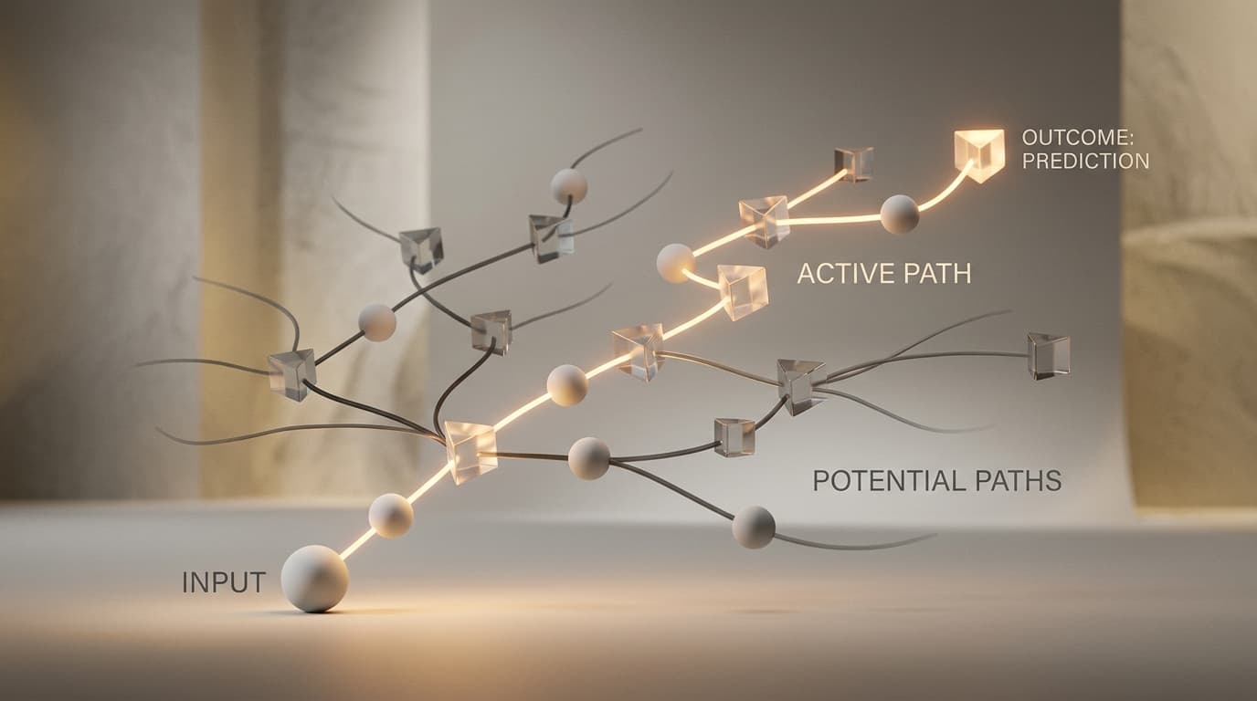 An abstract illustration on a deep emerald ground: several routes branching away from a single point through layered translucent planes, suggesting different paths taken through the same material.