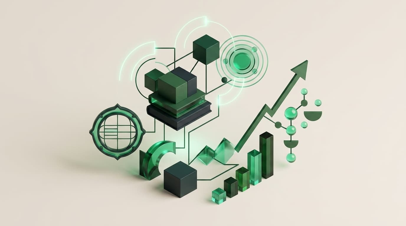An abstract illustration on a deep emerald ground: layered translucent planes carrying a lesson surface, arranged around a bright central form, suggesting a structure built beneath what a student sees.