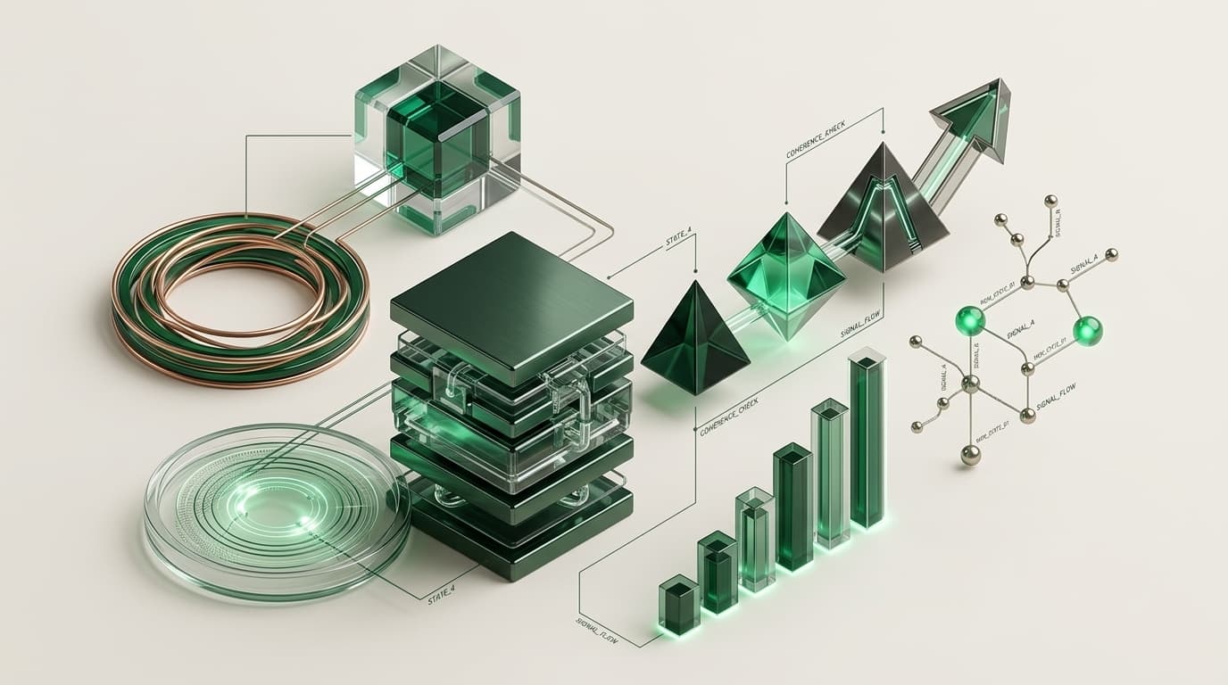 An abstract illustration on a deep emerald ground: four measures rendered as stacked translucent plates around a central form, suggesting a record that is held rather than a score that is displayed.