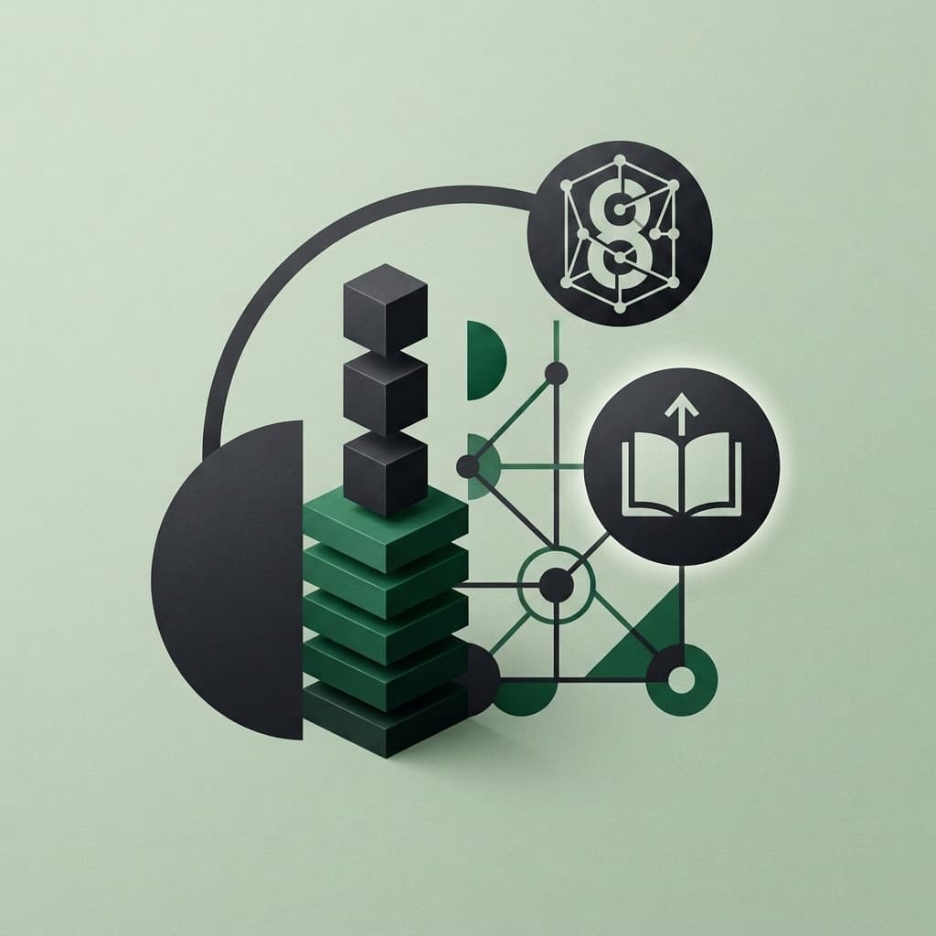 An abstract illustration on a pale green ground: a stack of dark cubes rising from layered emerald plates, joined by a curved line to a badge carrying the na8ve mark, beside a glowing circle holding an open book with an arrow rising from its pages.