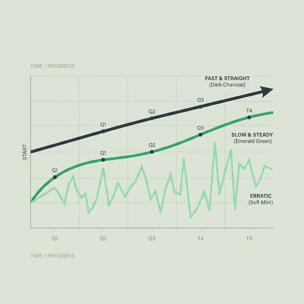 A line chart of three learning paths over time: a fast and straight dark charcoal line, a slow and steady emerald line that climbs in stages, and an erratic soft mint line that spikes and drops while trending upward.